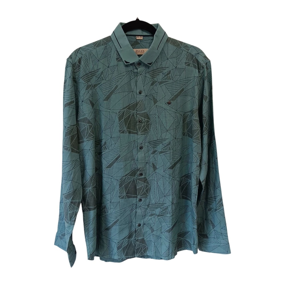 Zylus Men's XL Shirt Olive Geometric Button‎ Down Long Sleeve Retro Print